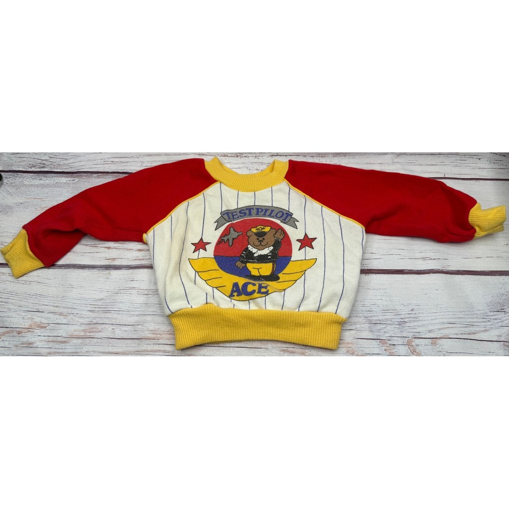 Vintage Favorites Test Pilot Ace Bear Sweatshirt Toddler18M Red Yellow Pinstripe